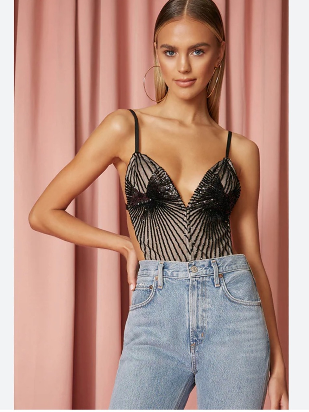 Superdown Lucinda Cut Out Bodysuit Midnight Black Small NWT Revolve Sequin  Tank - Picture 7 of 15